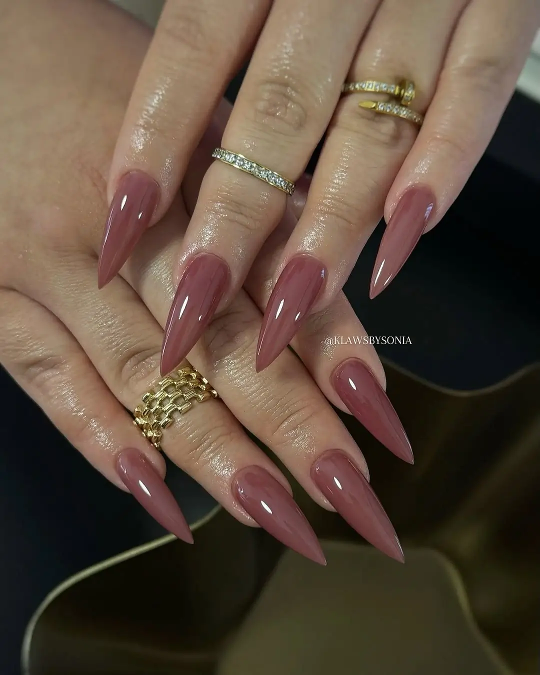 fall nail trends 2026 Elegant Dusty Rose Stiletto Nails