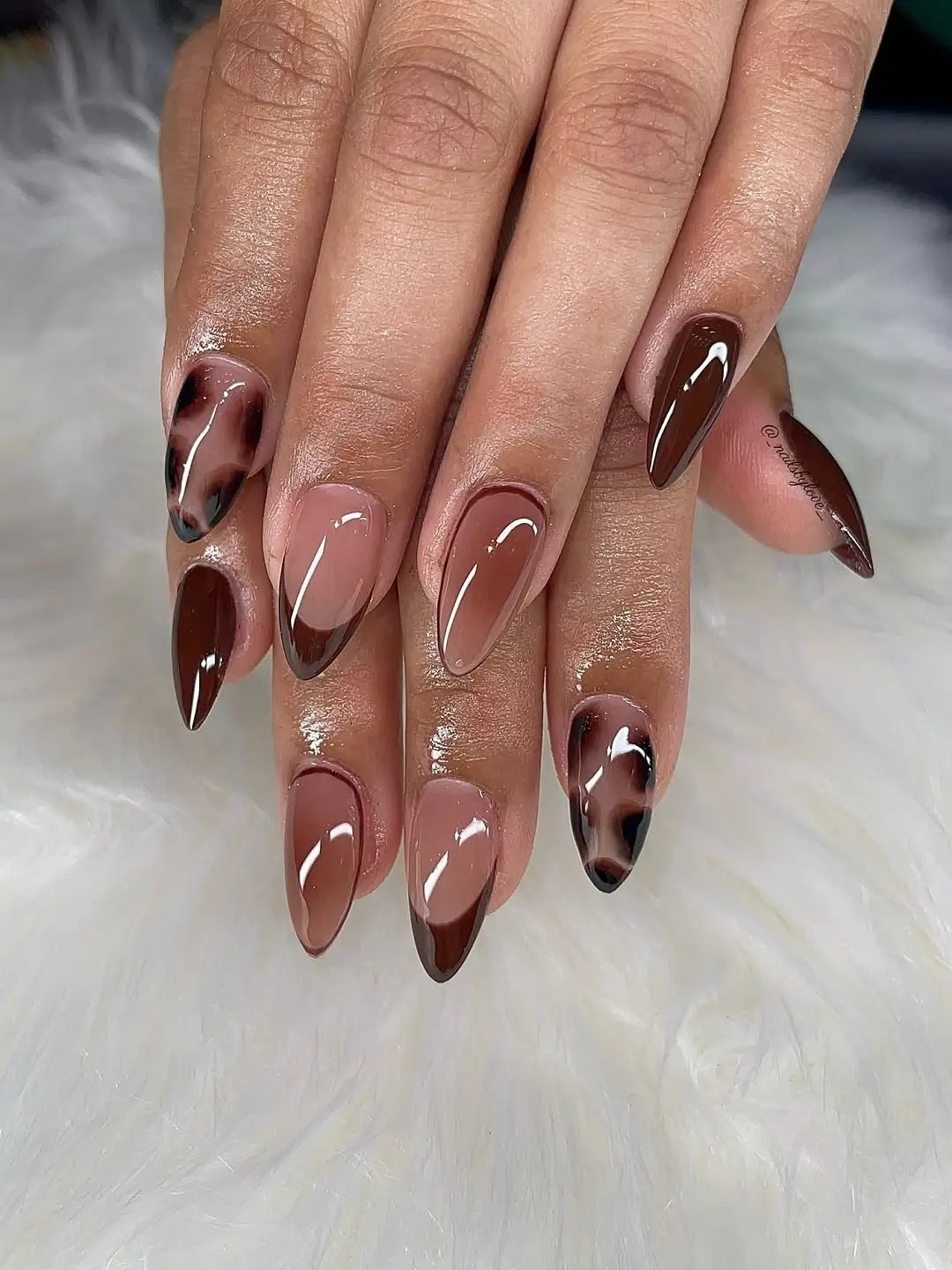 fall nail trends 2026 Glossy Espresso French Tips with Modern Tortoiseshell Accents