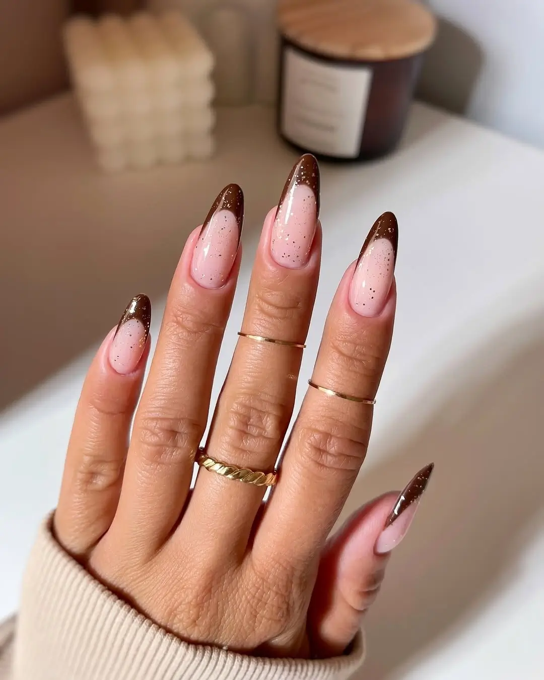 fall nail trends 2026 Minimalist Brown French Tips with Delicate Golden Sparkle