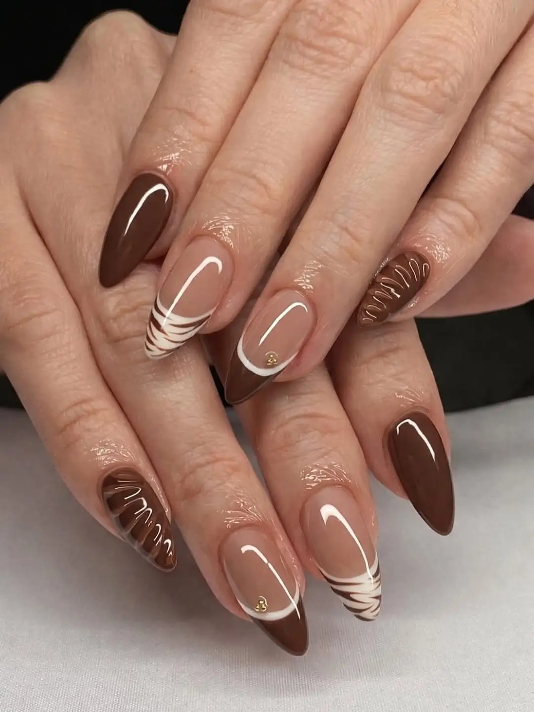 fall nail trends 2026 Modern Mocha Abstract French Nails with Graphic Lines