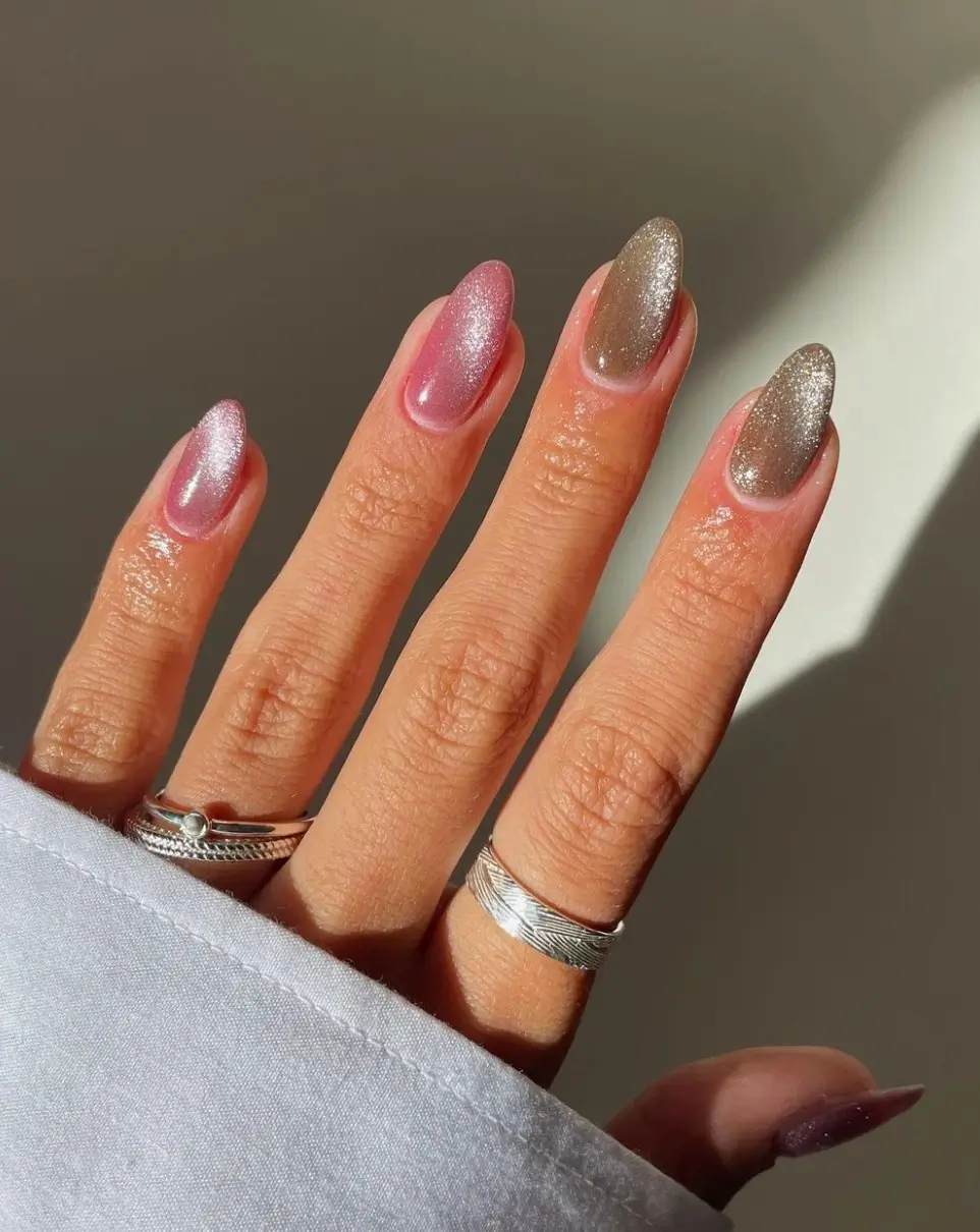 fall nail trends 2026 Soft Metallic Shimmer Almond Nails for Early Fall