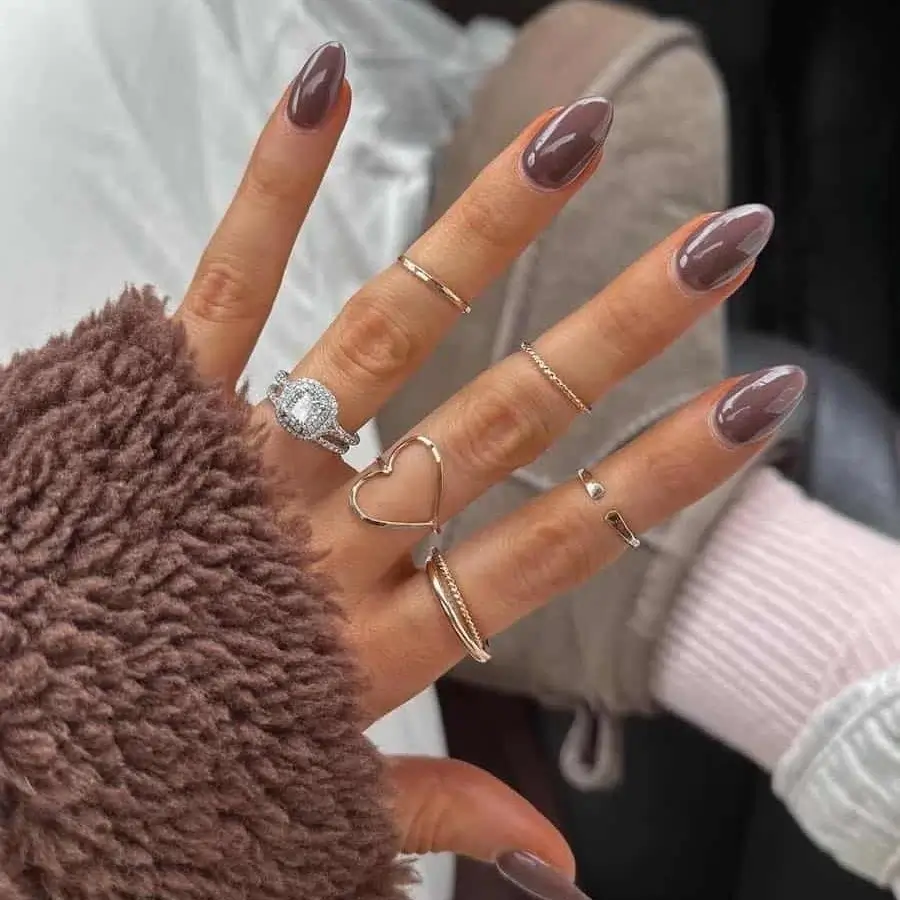 fall nail trends 2026 Glossy Taupe Almond Nails That Never Go Out of Style