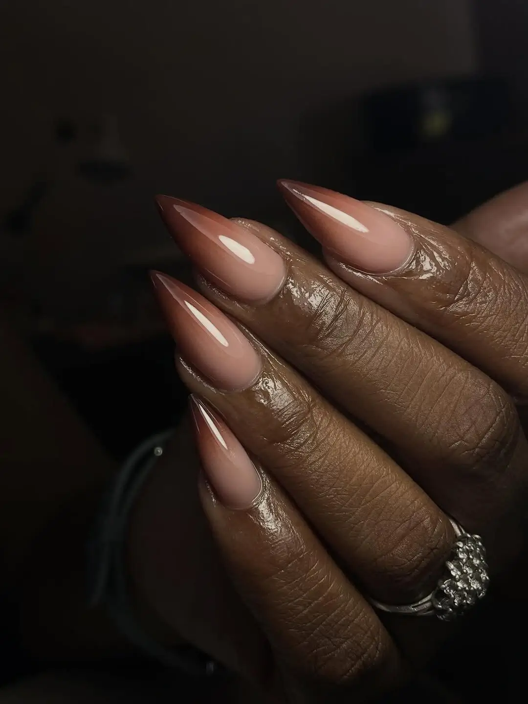 Fall nails colors for dark skin with sheer pink and chocolate almond nails