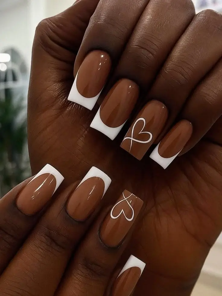 Fall nails colors for dark skin hands with chocolate brown and white French tips