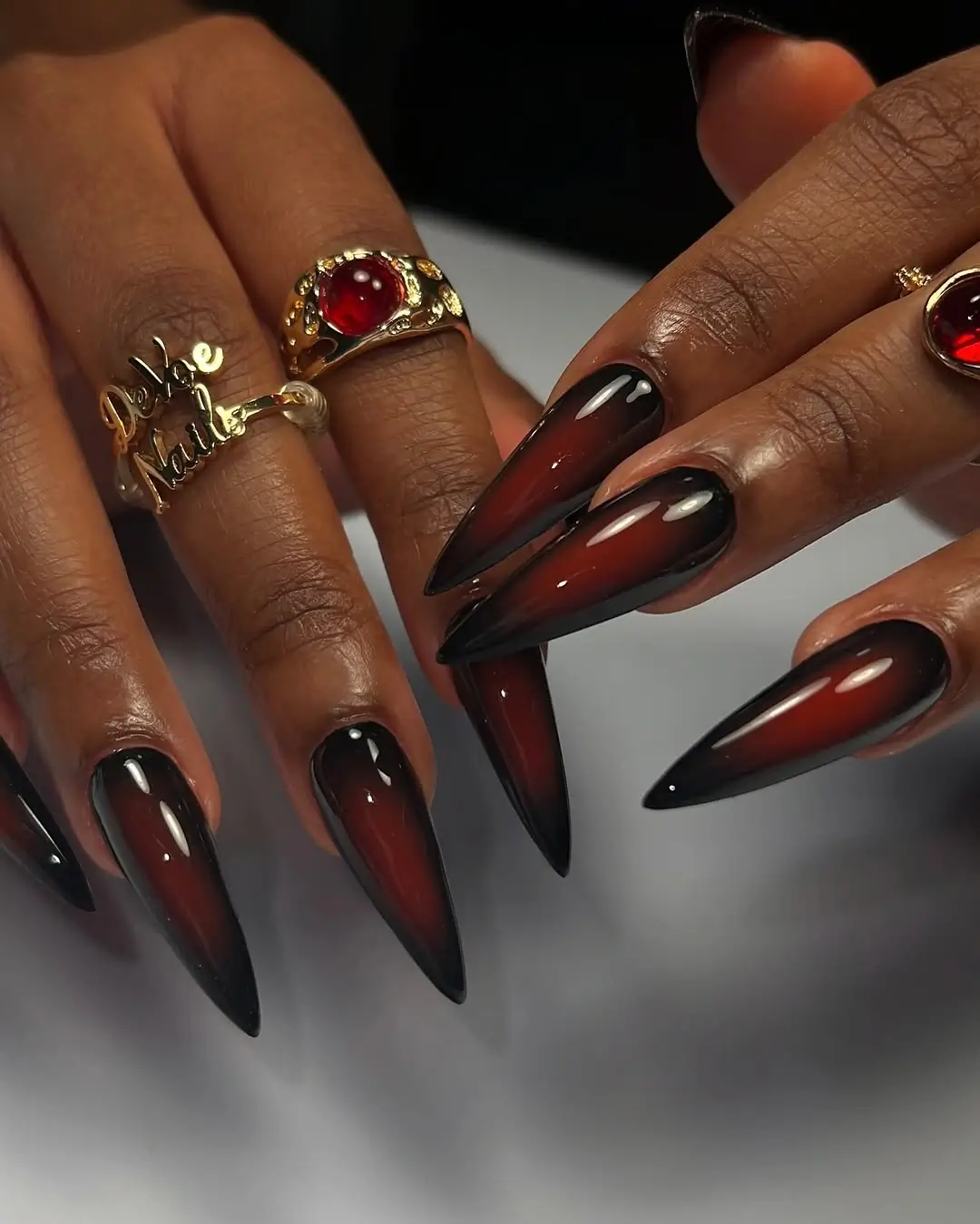 Black and cherry red stiletto fall nails colors for dark skin women