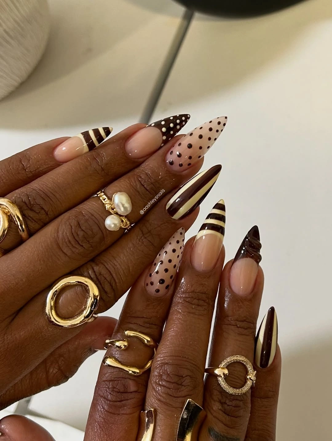 fall nails for brown skin tone Chocolate Polka Dots And Striped French Nail Art