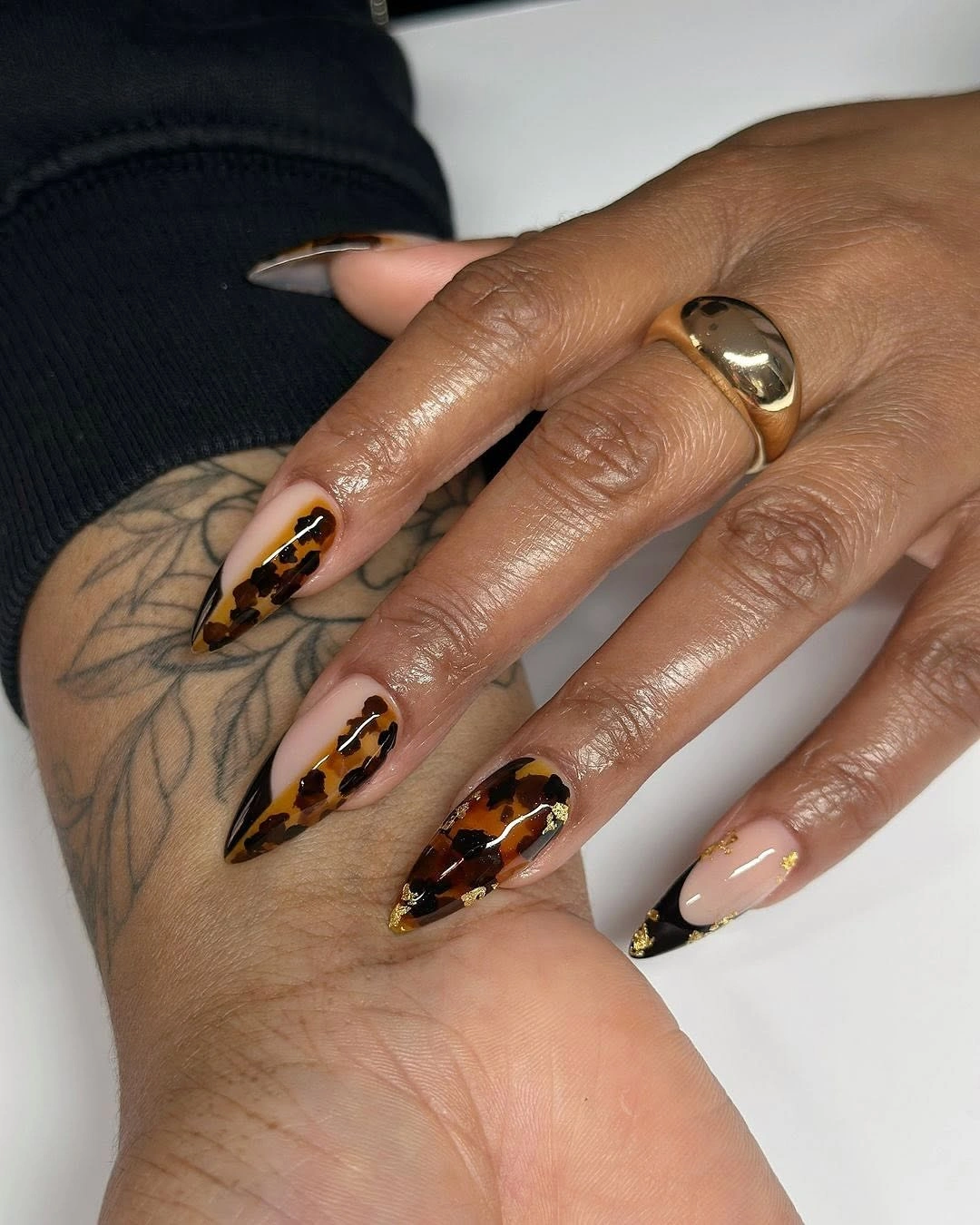 fall nails for brown skin tone Leopard French Tips With Gold And Nude Accents