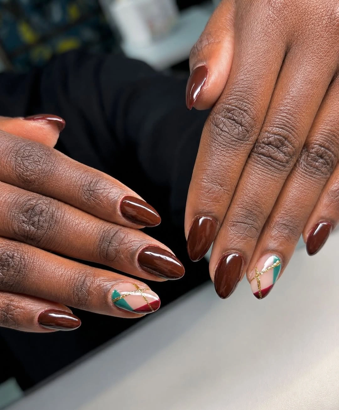 fall nails for brown skin tone Glossy Espresso Nails With Jewel-Toned Autumn Accents
