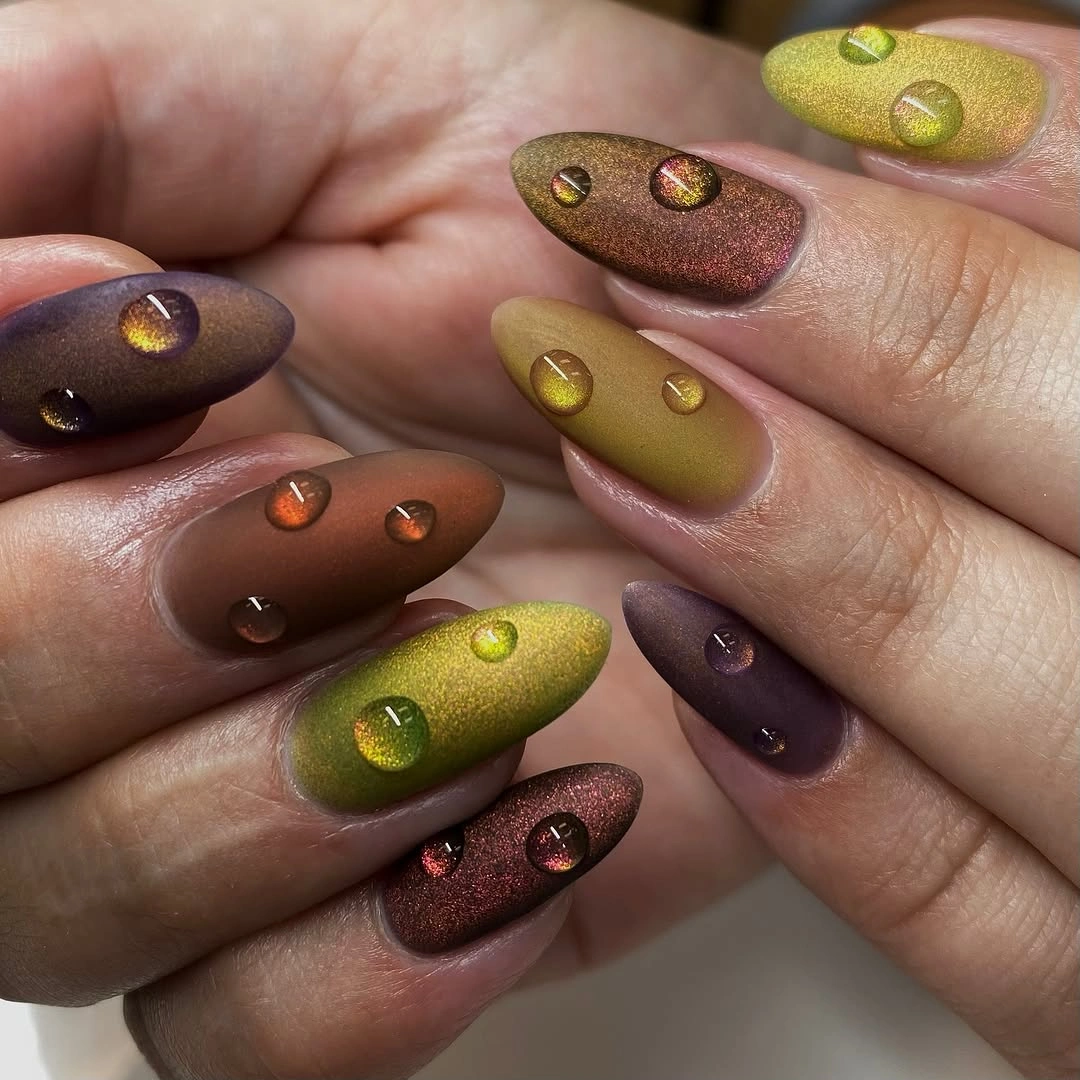 fall nails for brown skin tone Muted Autumn Cat Eye Nails With Dewy 3D Accents