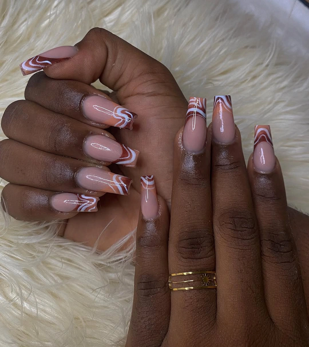 fall nails for brown skin tone Soft Pink And Chocolate Wave French Tips