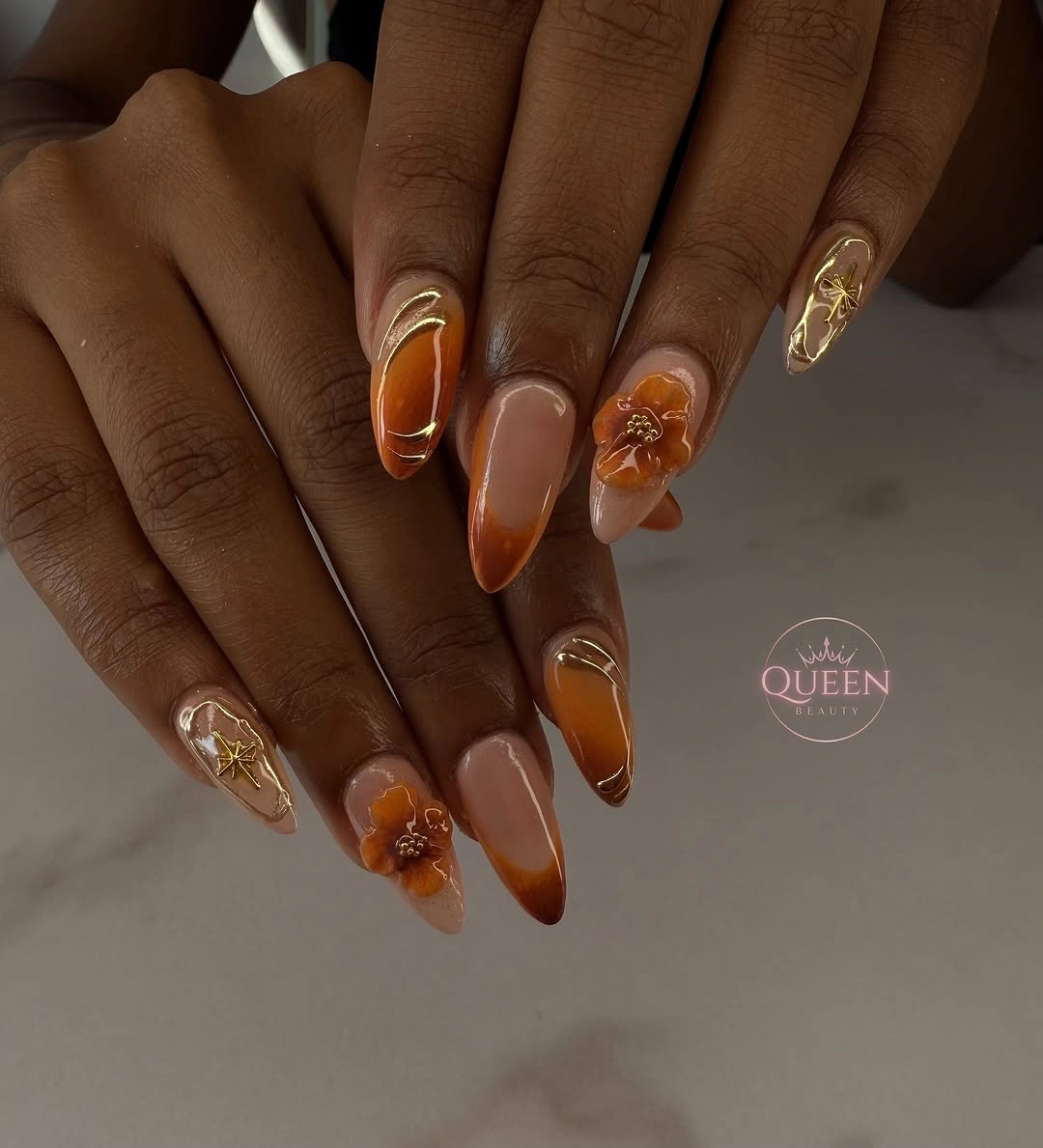 fall nails for brown skin tone Amber Ombre Almond Nails With 3D Fall Flowers