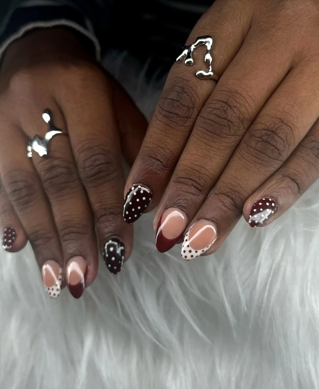 fall nails for brown skin tone Burgundy French Tips With Playful Polka Dot Details