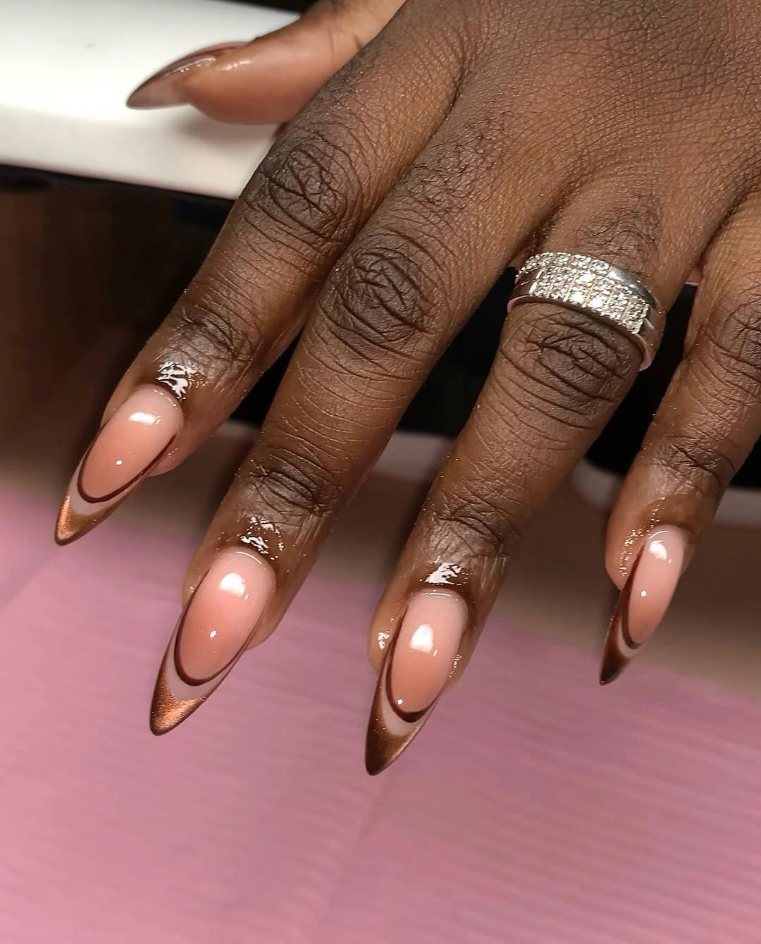 fall nails for brown skin tone Minimal Nude Almond Nails With Chocolate Outlines