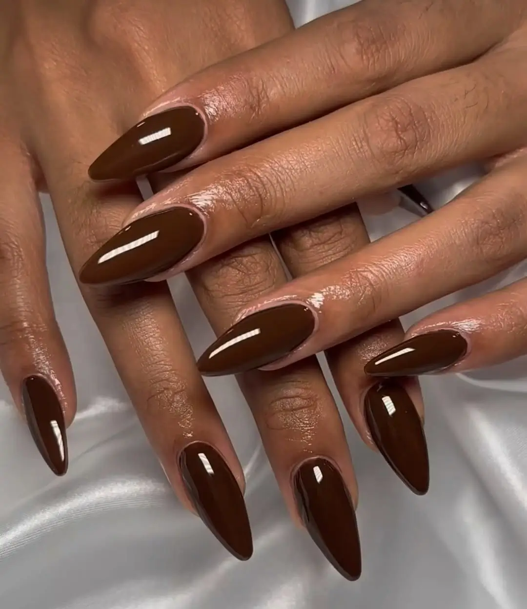 Fall nails for dark skin 2026 Rich Chocolate Almond Nails That Never Miss