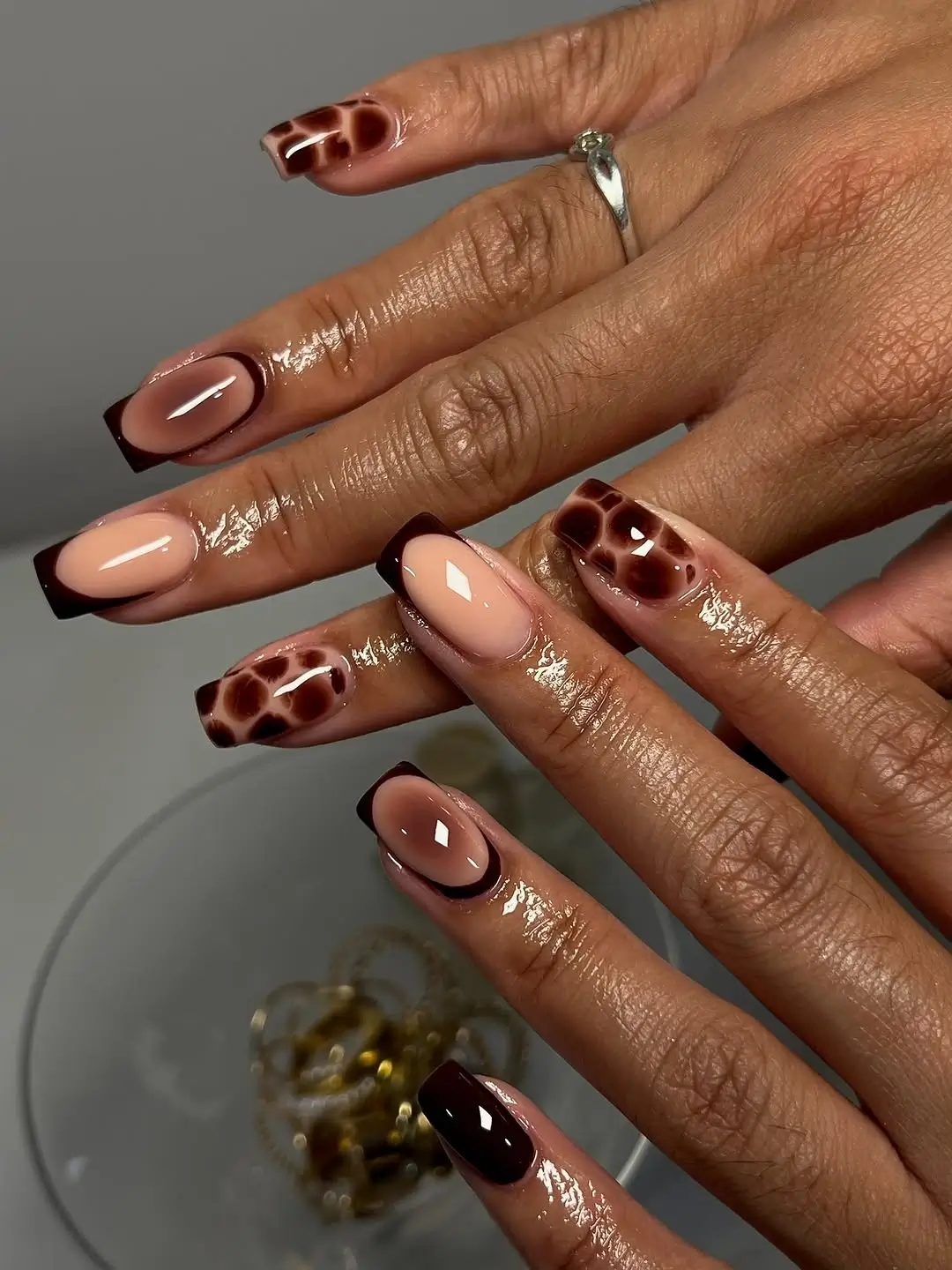 Fall nails for dark skin 2026 Chocolate French Tips With Modern Tortoiseshell Accents
