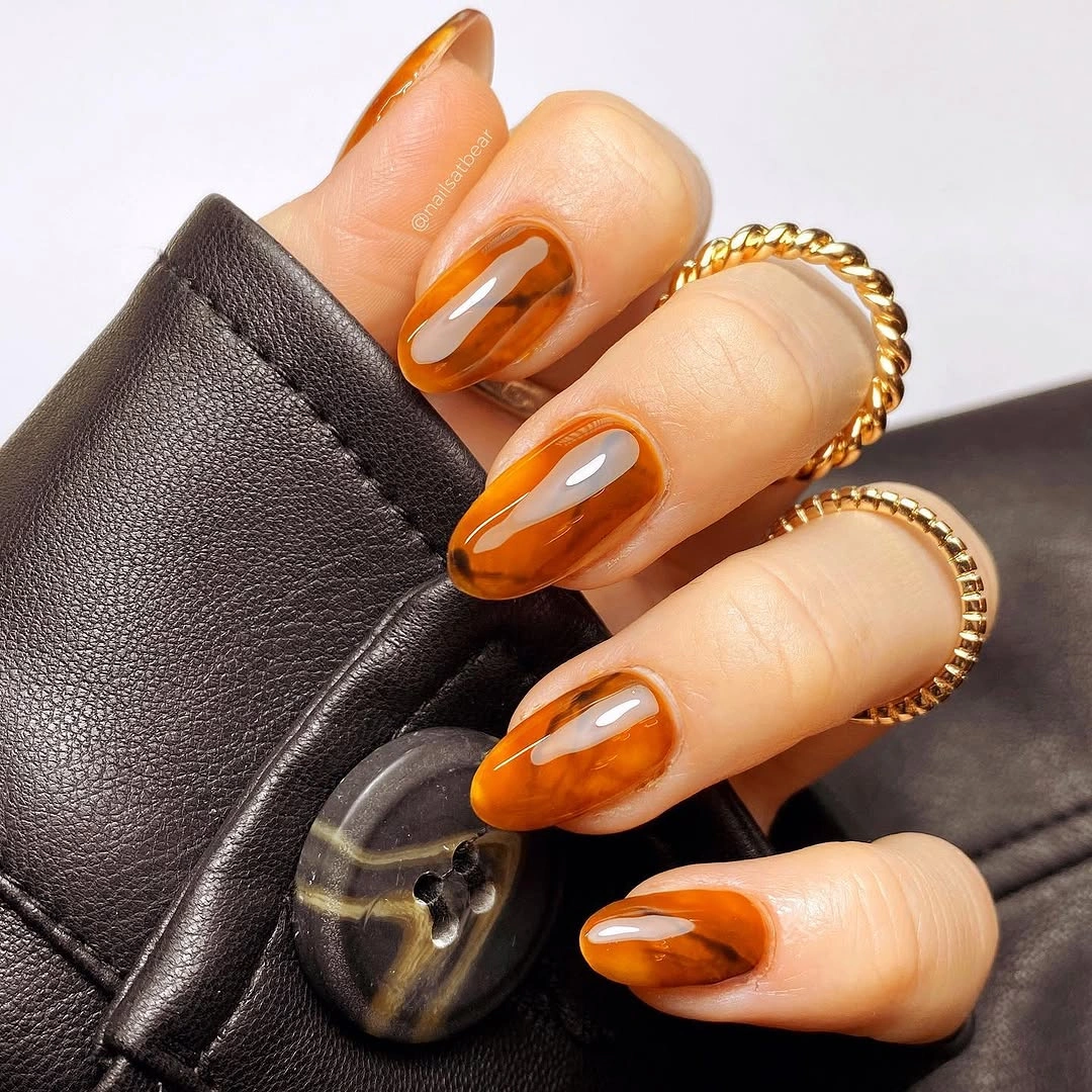 fall nails for fair skin tone Amber Jelly Nails with a Glassy Caramel Glow