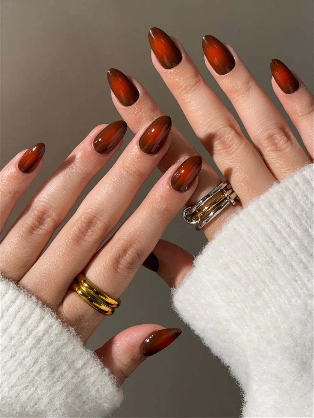 fall nails for fair skin tone Burnt Orange and Chocolate Ombre Almond Nails
