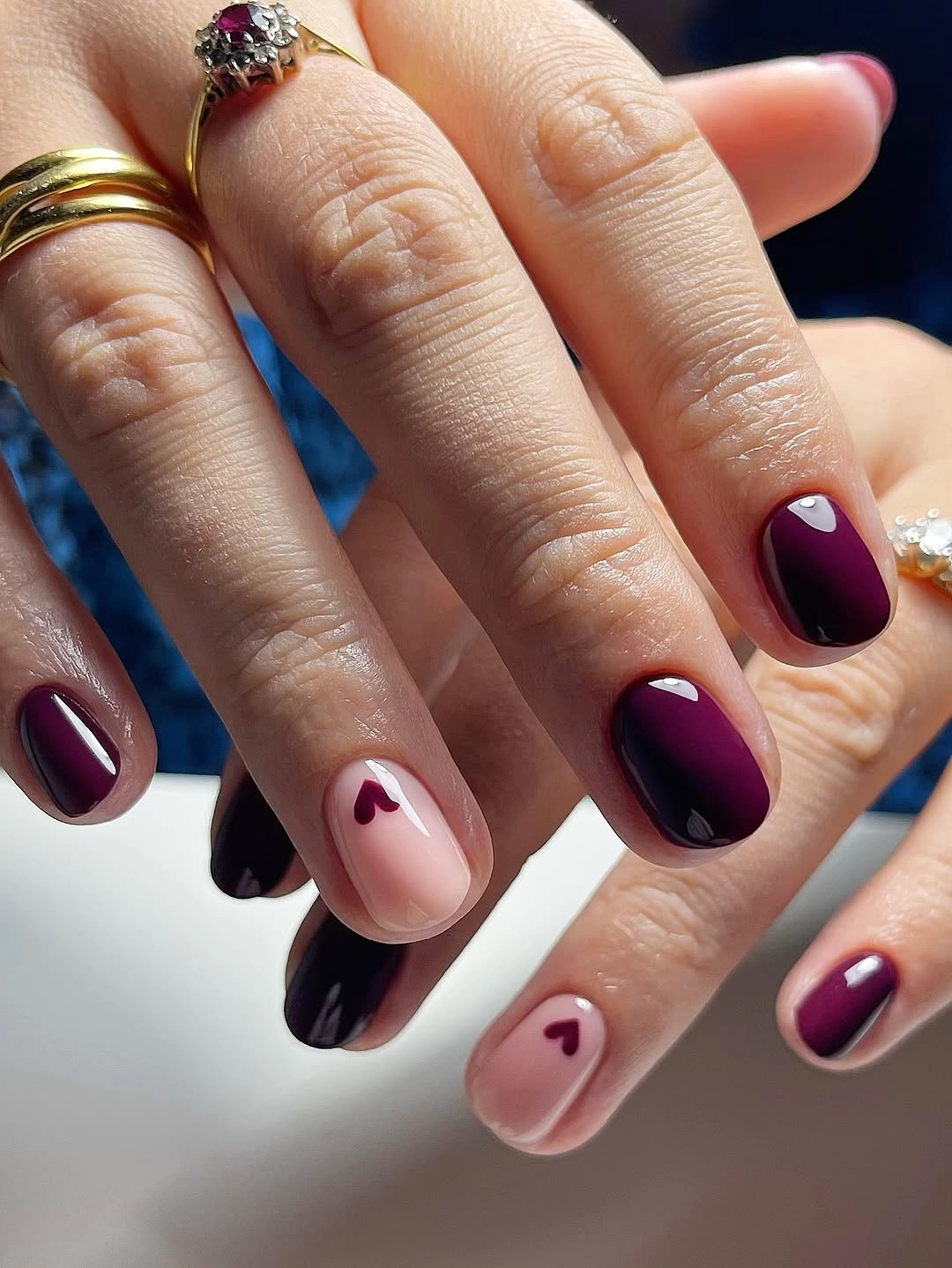 fall nails for fair skin tone Deep Burgundy Nails with Tiny Heart Accents