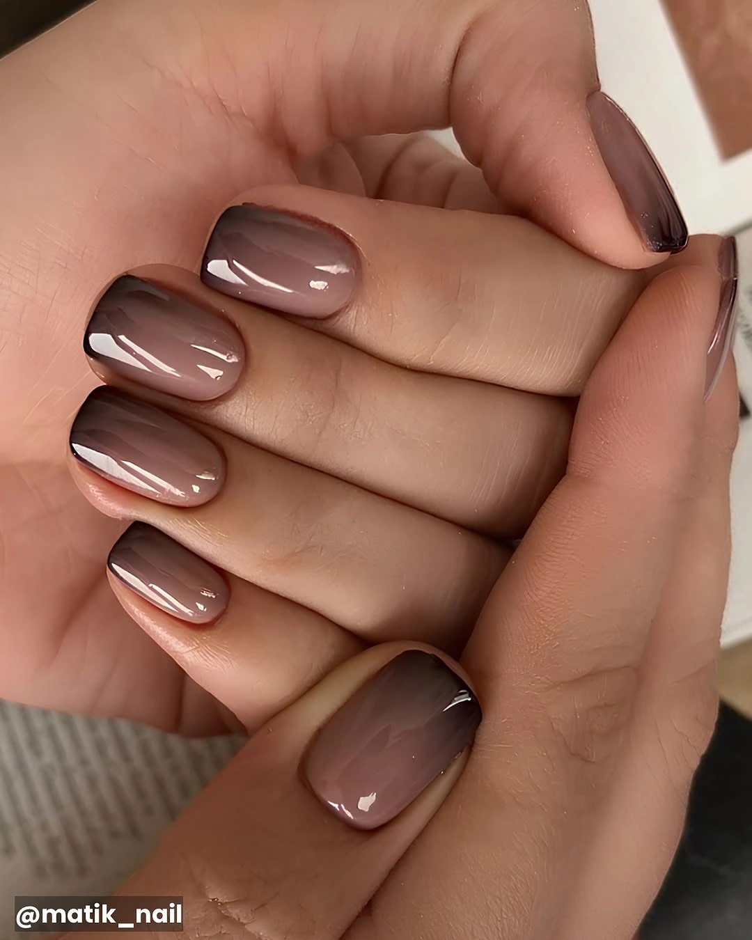 fall nails for fair skin tone Glossy Taupe Nails with a Soft Cocoa Gradient