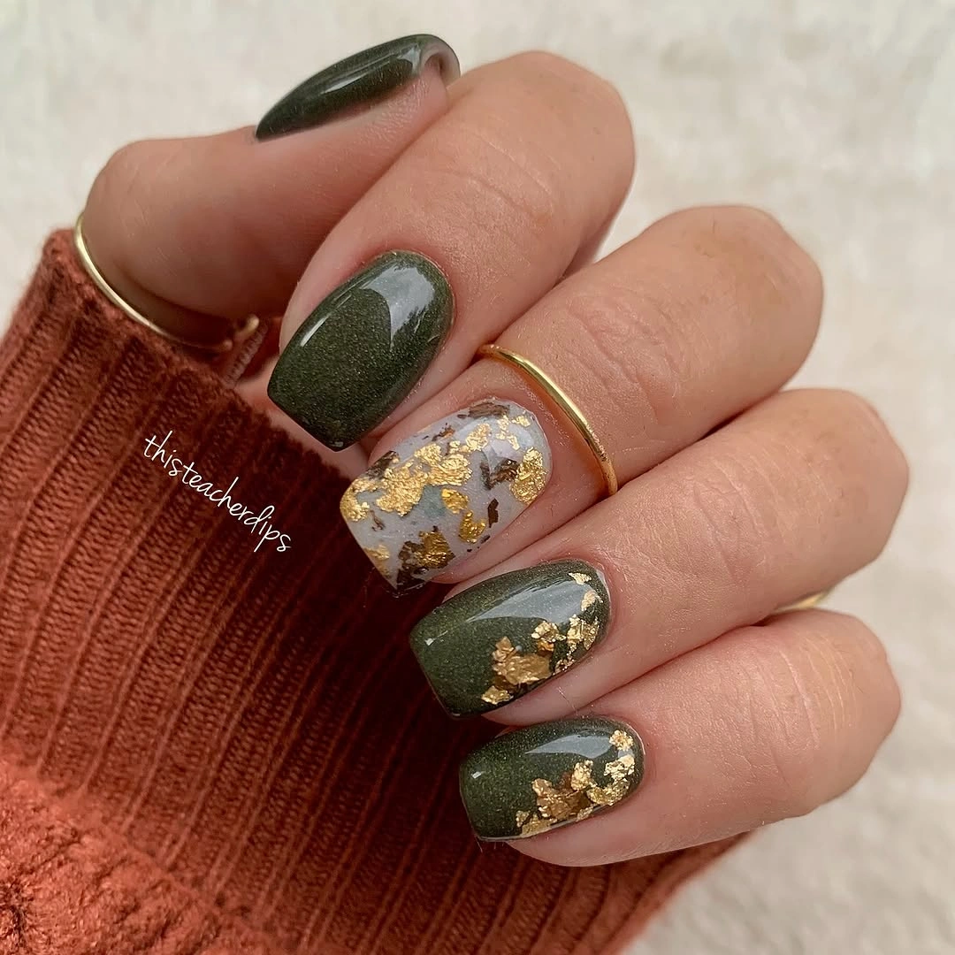 fall nails for fair skin tone Olive Green Nails with Delicate Gold Leaf Accents