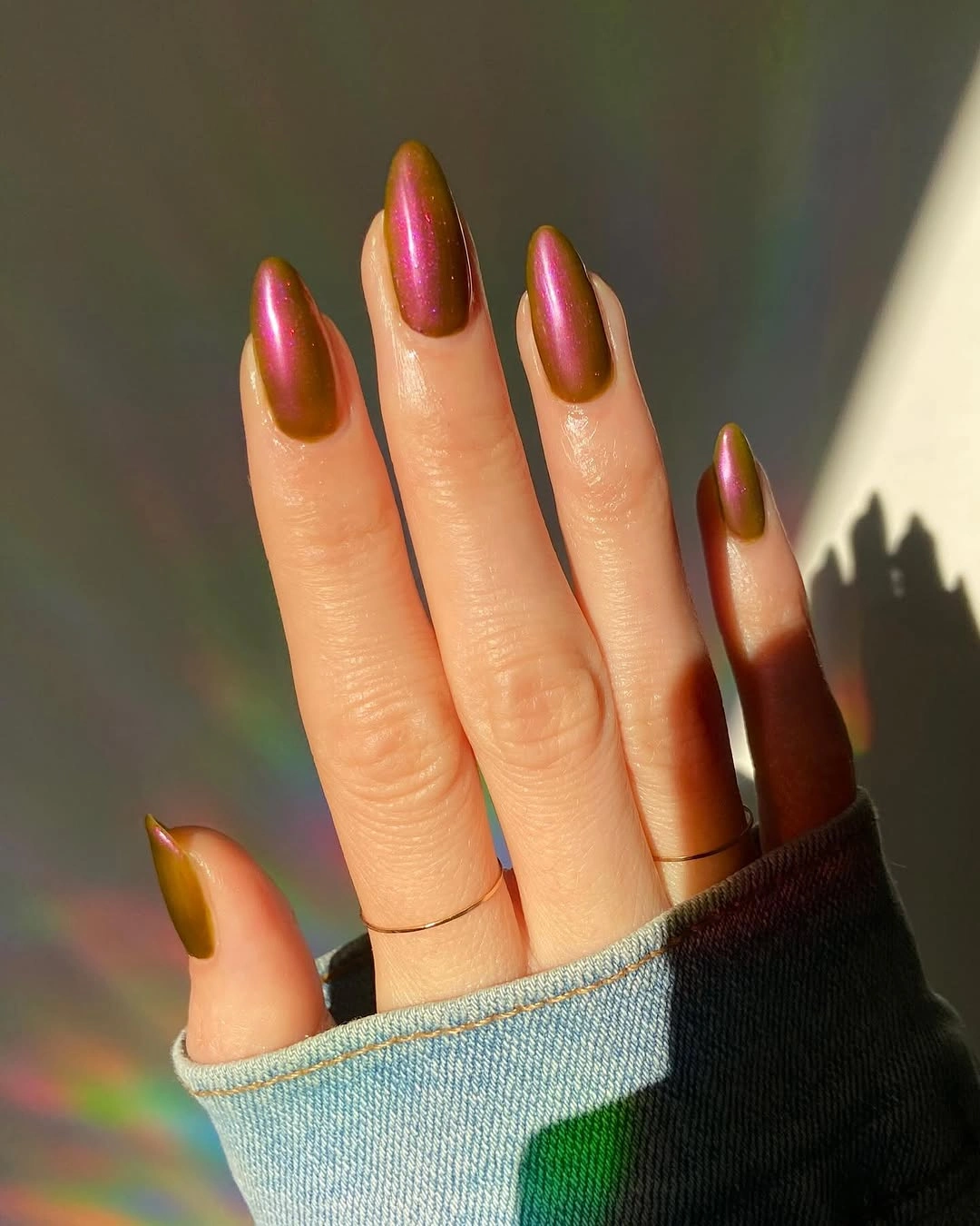 fall nails for fair skin tone Multichrome Olive and Berry Almond Nails
