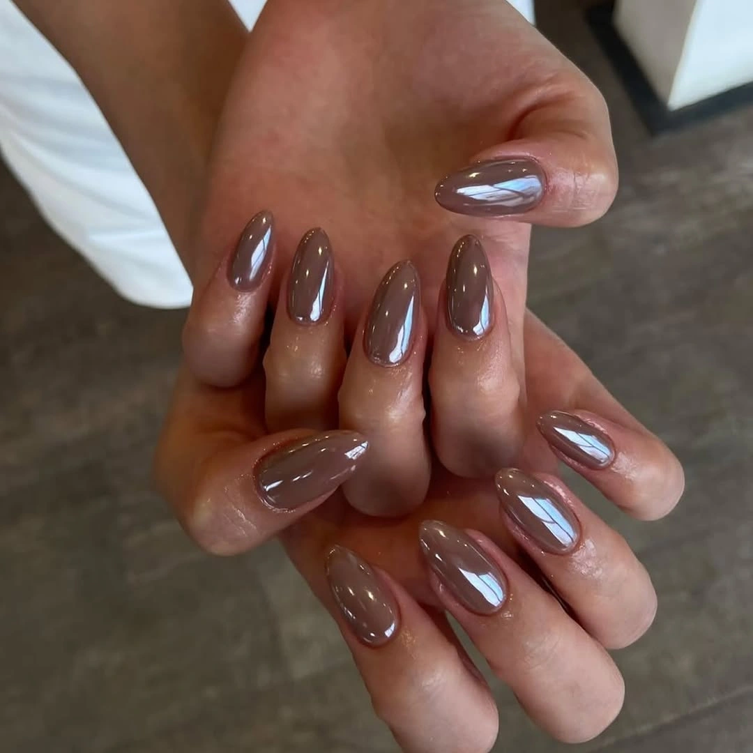 fall nails for fair skin tone Glossy Taupe Almond Nails with a Soft Chocolate Finish