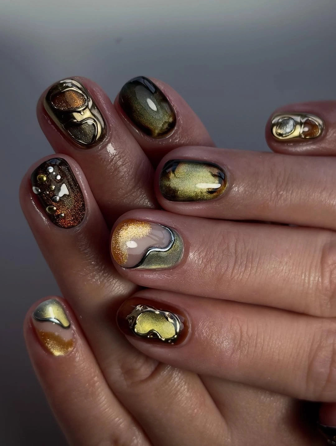 fall nails for fair skin tone Metallic Olive and Bronze Abstract Nails