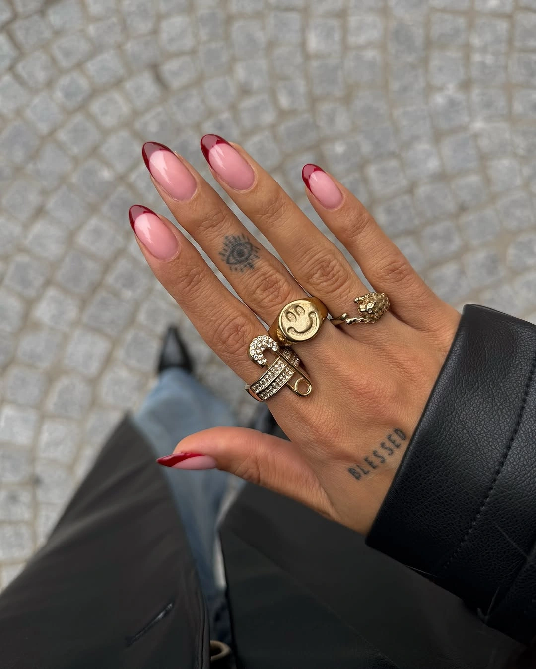 fall nails for fair skin tone Blush Almond Nails with Deep Burgundy French Tips