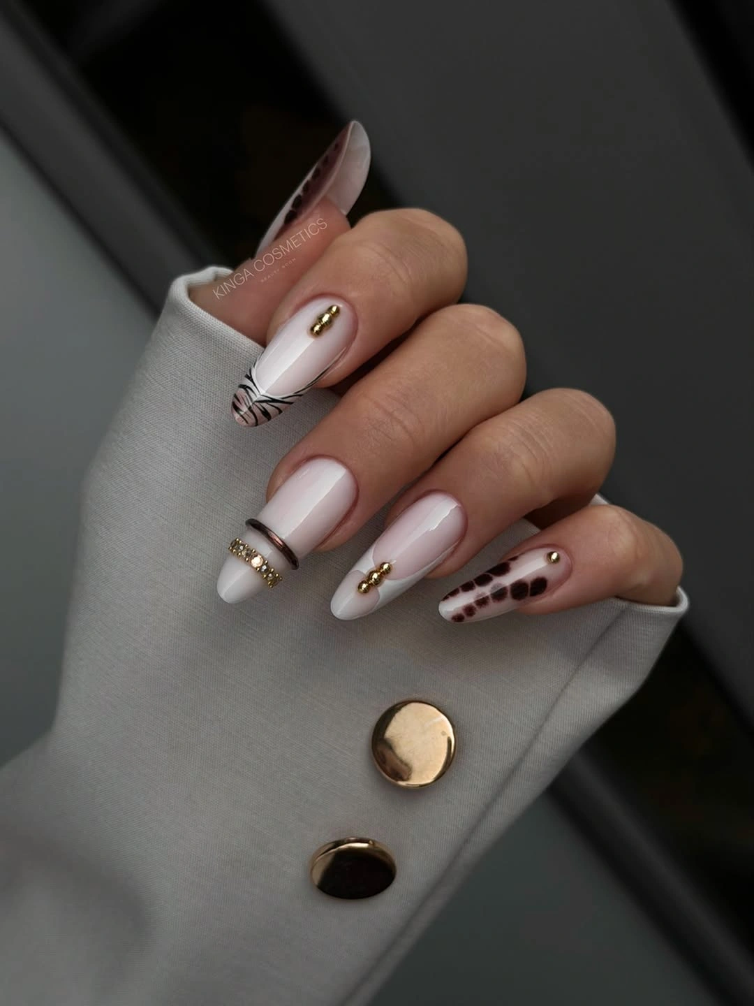 fall nails for fair skin tone Milky White Nails with Gold and Brown Botanical Details
