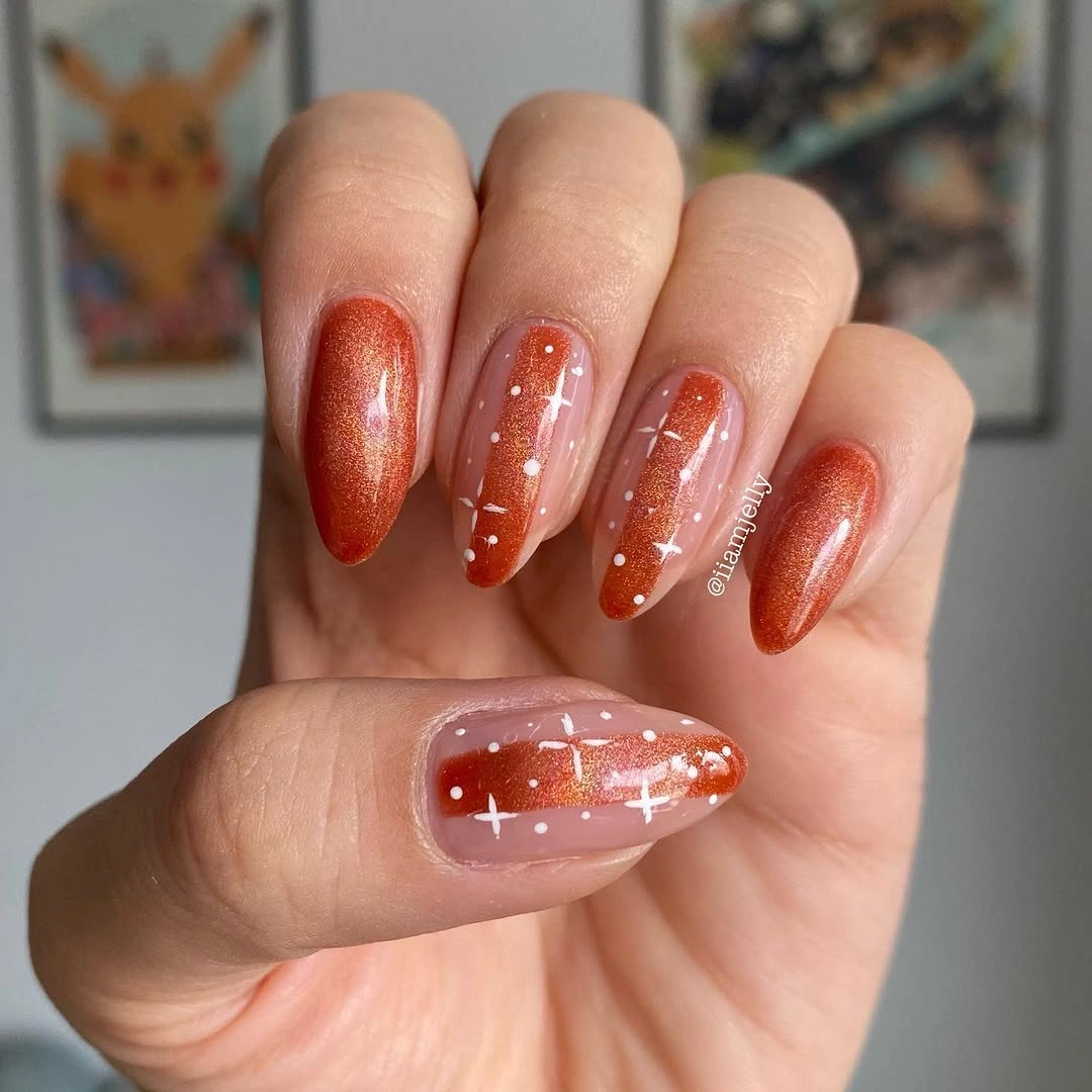 fall nails for tan skin tone burnt orange shimmer autumn star design