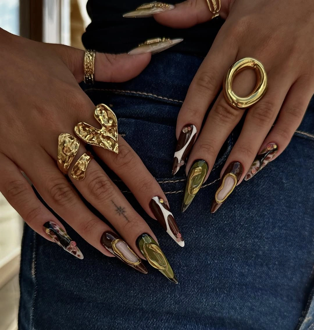 fall nails for tan skin tone chocolate olive gold sculptural stiletto design