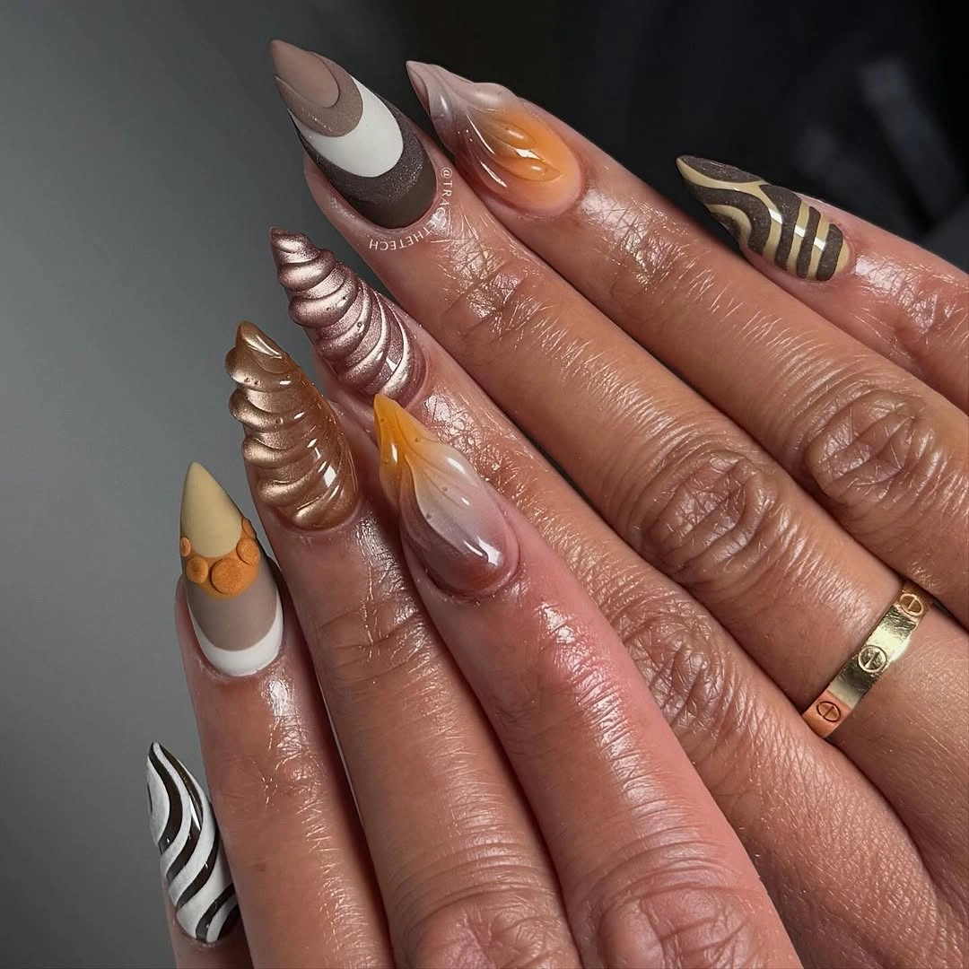 fall nails for tan skin tone maximalist mocha stiletto design