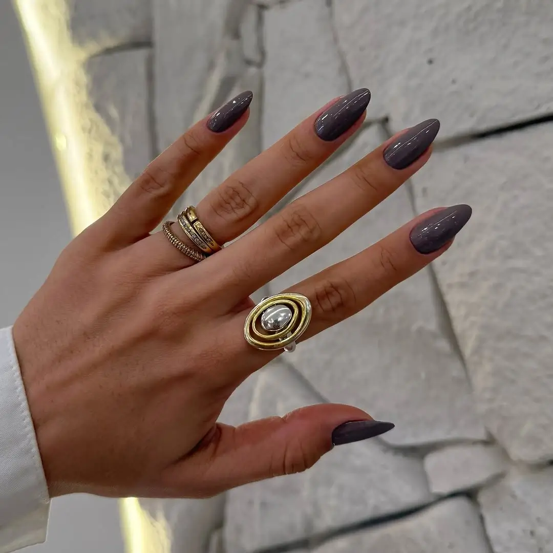 Fall short almond nails 2026 Glossy Smoky Taupe for a Modern Autumn Look