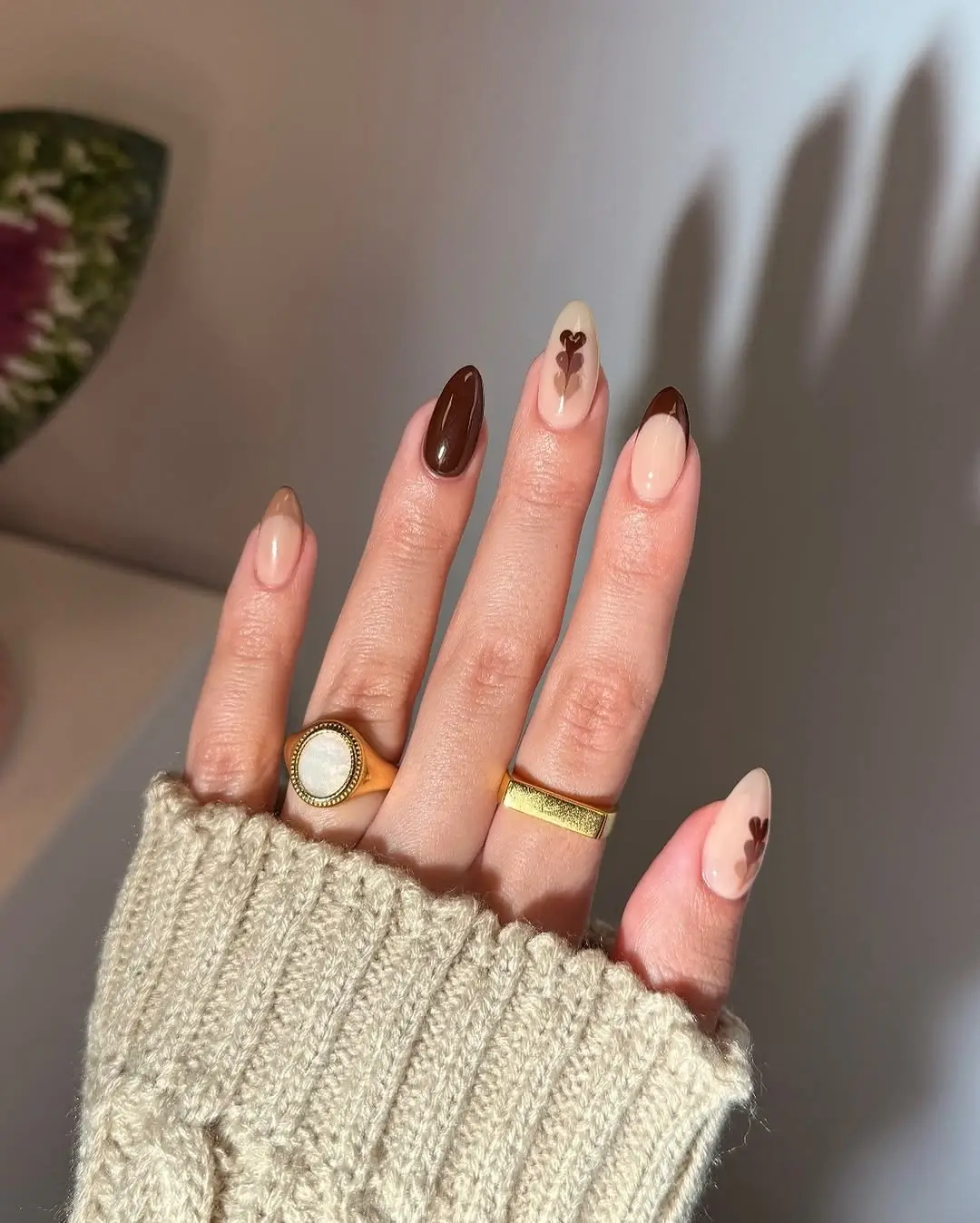 Fall short almond nails 2026 Chocolate Heart Details on Soft Neutral Nails