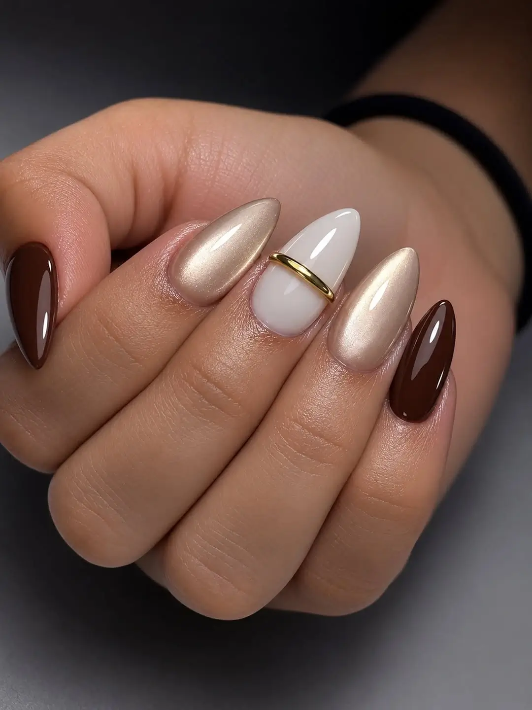 Fall short almond nails 2026 Champagne Chrome with Rich Espresso Accents