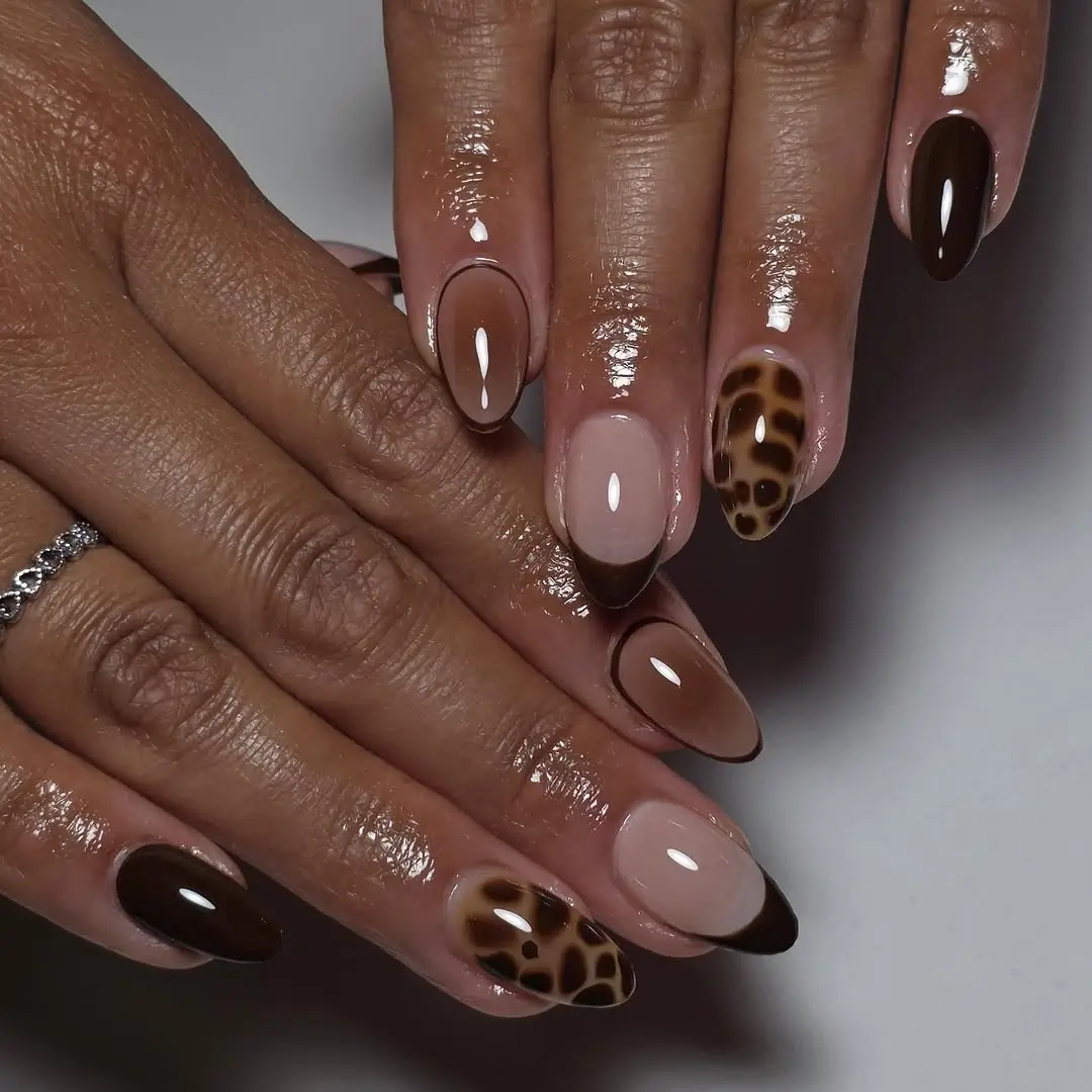 Fall short almond nails 2026 Mocha French Tips with Modern Leopard Accents