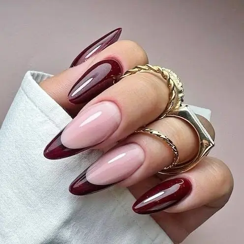 Fall short almond nails 2026 Deep Burgundy French Tips with a Glassy Finish