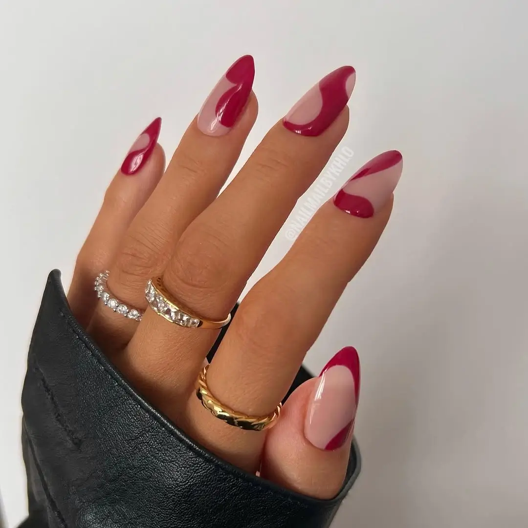 Fall short almond nails 2026 Modern Berry Waves with Artistic Negative Space