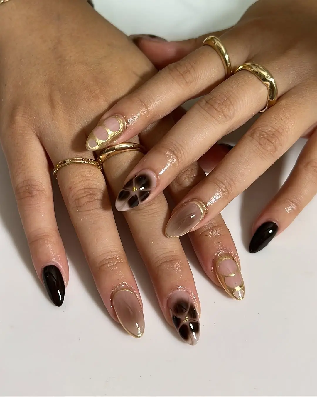 Fall short almond nails 2026 Golden Details with Smoky Brown Marble