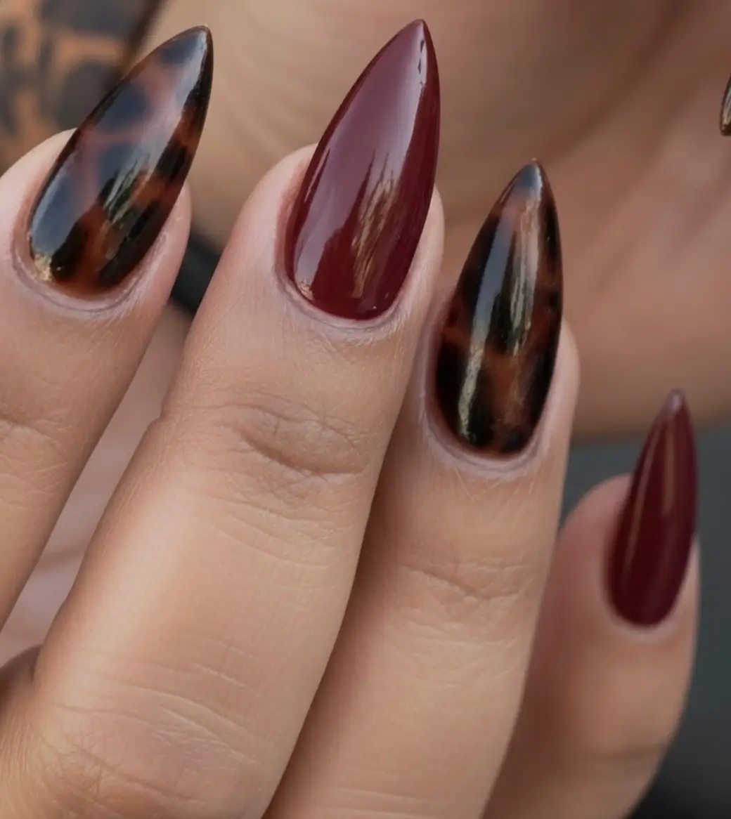 Fall short almond nails 2026 Burgundy and Tortoiseshell for Timeless Autumn Glamour