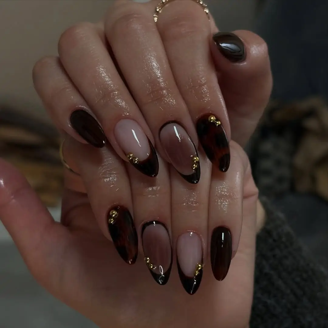 Fall short almond nails 2026 Chocolate French Tips with Luxe Gold Accents