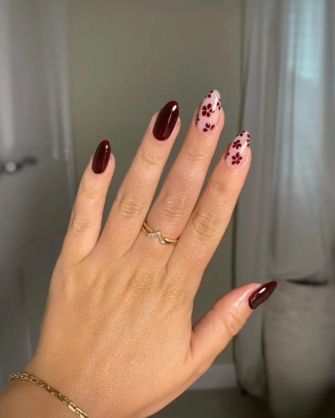 Fall short almond nails 2026 Burgundy Floral Nails with Romantic Autumn Charm