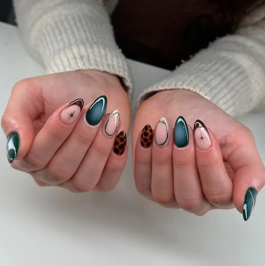 Fall short almond nails 2026 Mixed Autumn Art with Green Neutrals and Tortoiseshell