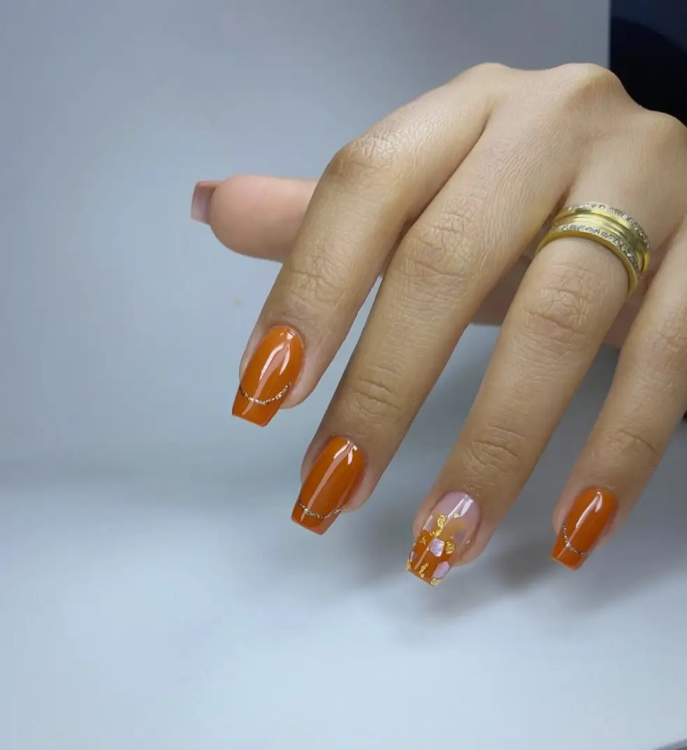 fall short coffin nails designs Glossy Burnt Orange Short Coffin Nails With Gold Accents