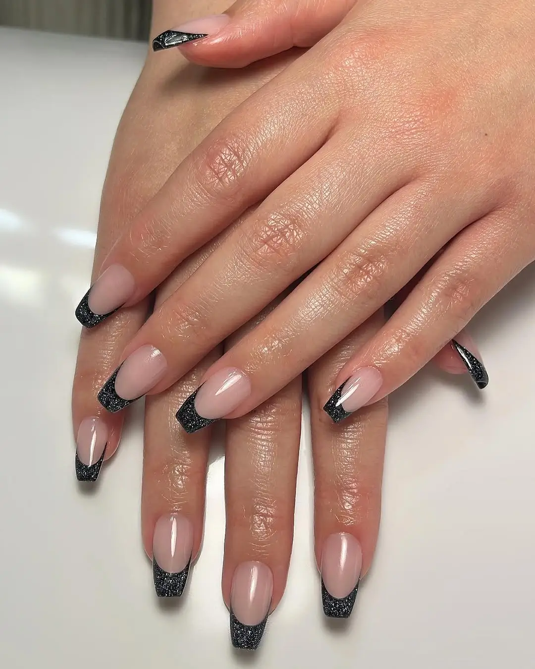 fall short coffin nails designs Nude Coffin Nails With Black Glitter French Tips