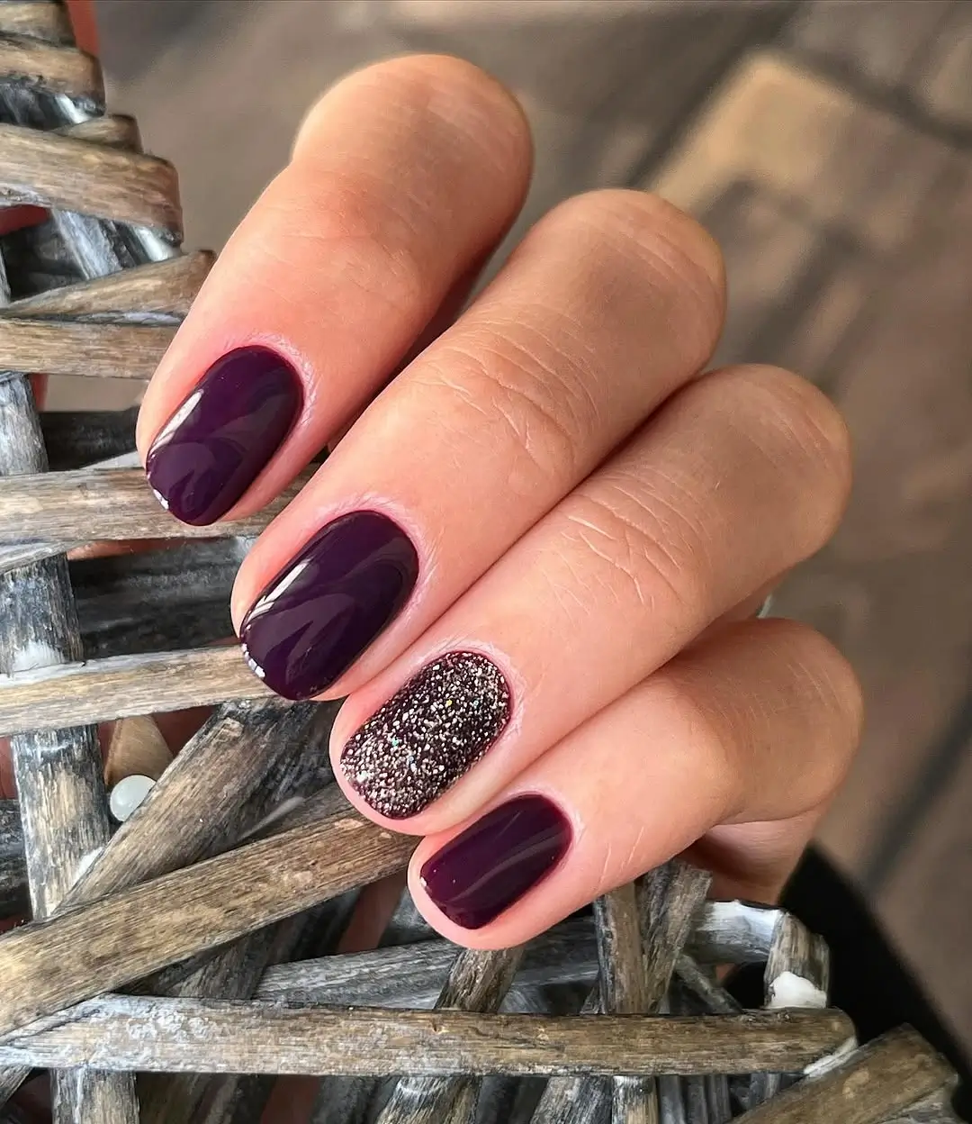 fall short coffin nails designs Deep Plum Short Coffin Nails With a Sparkling Accent