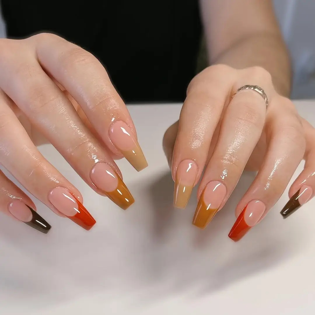 fall short coffin nails designs Autumn French Tips in Burnt Orange Mustard and Chocolate
