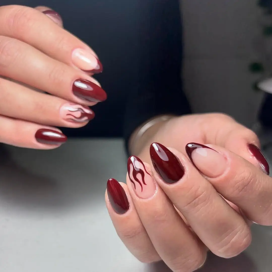 fall short coffin nails designs Cherry Burgundy Short Nails With Minimal Flame Details