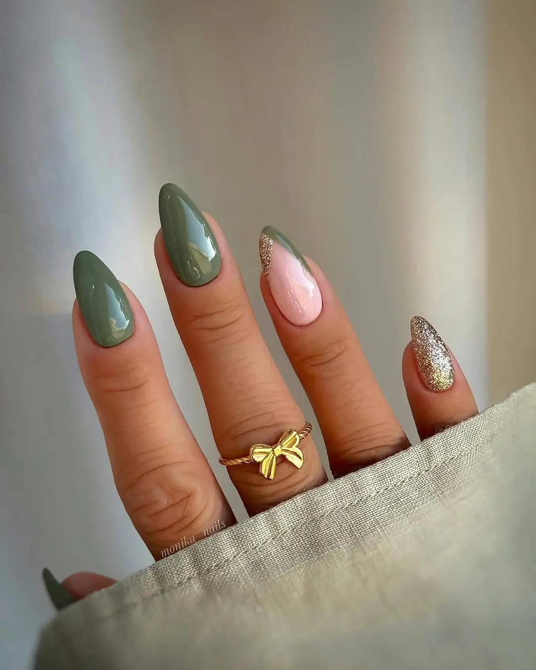 fall short coffin nails designs Olive Green and Champagne Glitter Autumn Nails