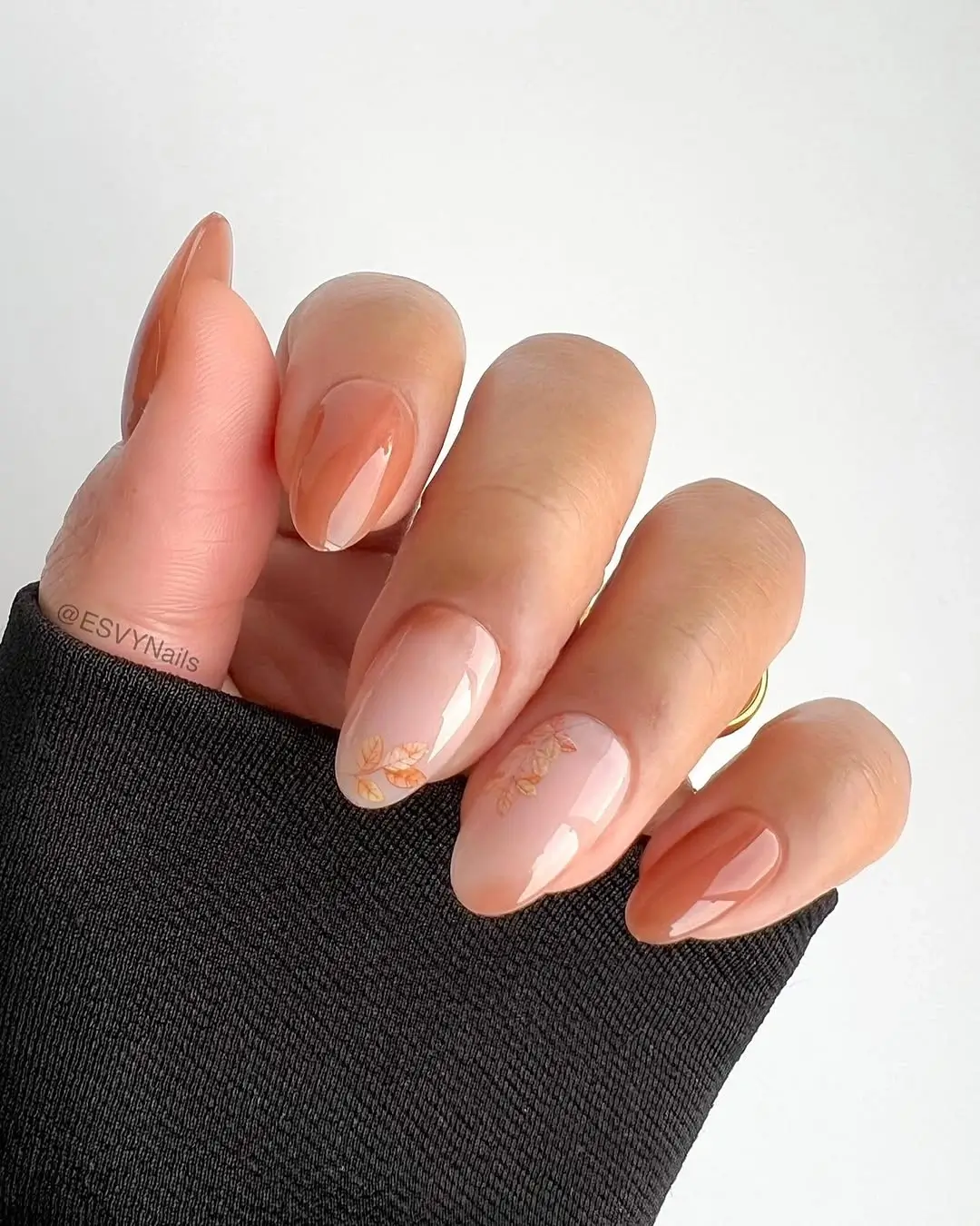 fall short coffin nails designs Sheer Nude Nails With Tiny Golden Autumn Leaves